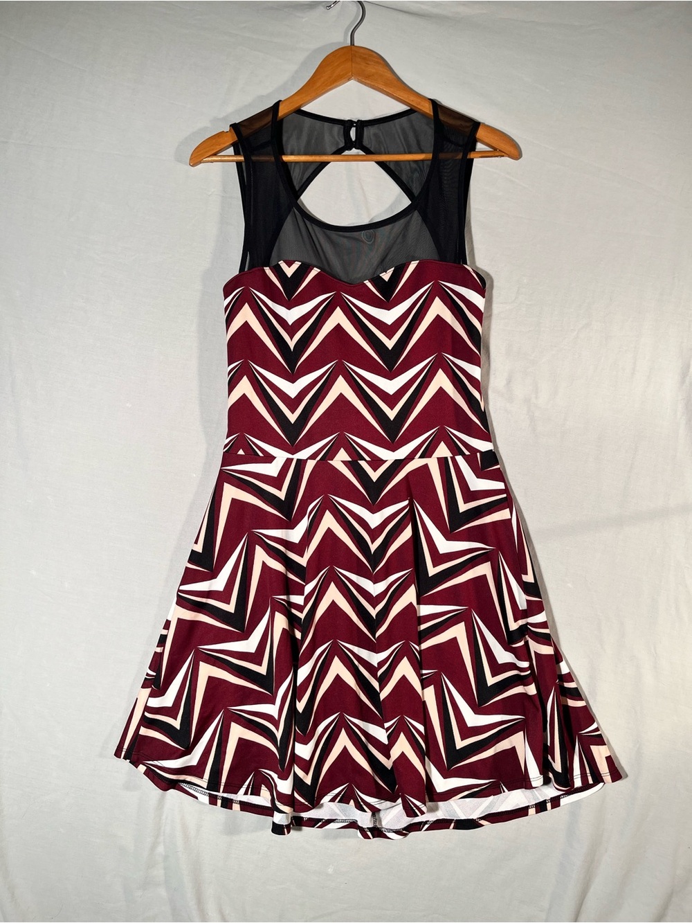 Charlotte Russe Burgundy Chevron Fit & Flare Dress with Black Mesh Yoke -XL